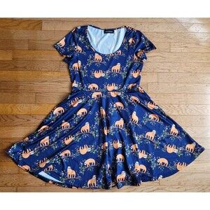 Sloth Print Dress Women's Medium Navy Blue Fit Flare Stretchy